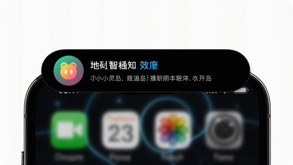 小灵岛智能通知显示效果图,手机顶部出现细长的黑色胶囊形状,内部显示彩色图标和文字摘要,屏幕背景为深色模式,整体风格科技感十足,画质清晰
