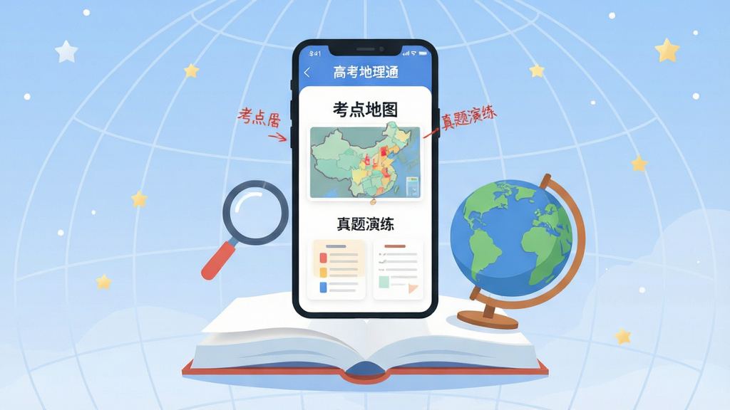 画面主体为“高考地理通”APP界面悬浮在立体书本与地球仪之上,背景是淡蓝色星空与经纬线网格,界面内显示“考点地图”与“真题演练”字样,整体布局采用居中对称构图,扁平化插画风格,细节包含放大镜与红色批注标记,画质清晰干净,无多余元素