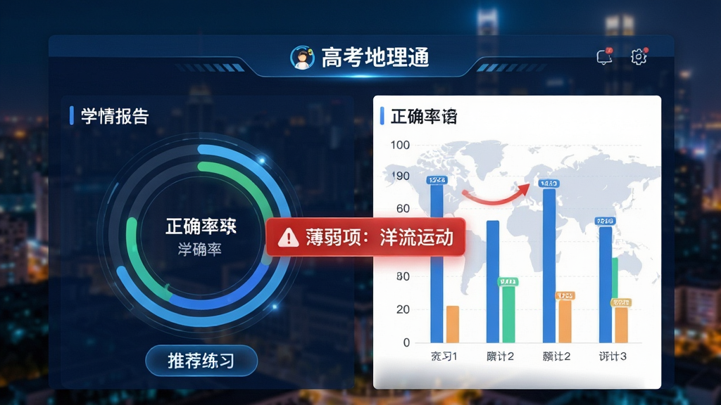 画面主体为“高考地理通”学情报告页面截图,背景是模糊的城市夜景,报告以环形进度图和柱状对比图展示正确率,中央有“薄弱项:洋流运动”的红色警示标签,构图采用俯拍视角,风格为科技感UI设计,细节包含推荐练习按钮,画质清晰锐利,无多余元素