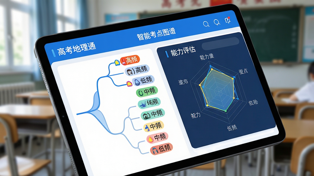 画面主体为平板电脑展示“高考地理通”的智能考点图谱界面,色彩以蓝白为主,左侧是树状知识结构,右侧是雷达图能力评估,背景虚化教室环境,构图采用斜45度视角展示,界面风格简洁现代,细节标注“高频”“中频”“低频”彩色标签,画质高清干净,无多余元素