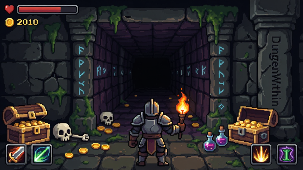 ���壺DungeonWithin��Ϸ�����棬һλ�������׵���ʿ�ֳֻ��վ�ڵ�����ڣ���ǰ�������ͨ����ǽ���Ϸ�����̦�����ط��ģ�����ɢ���Ž����ҩˮ�����֣���������Ϊ��ʿ��Ӱ���������ռ������֮����ͼ�������Լ�ɼ���������ã��Ҳ�ʯ���Ͽ��С�DungeonWithin���������Ű棺���湹ͼ���ص�ͻ�����η�Χ��UIԪ��������ֵ�������������ͼ��ֲ�����Ļ��Ե����񣺰���������ط��ɫ������ҡ����ϡ�ī��Ϊ��������ů�ƻ�ѹ�Ч��Ӫ�����ؽ��ŸС�ϸ�ڣ����ؿ���ϸ�壬��Ӱ��η�������ɫװ����������������ǽ����̦޺���ѷ죬����뿪¶����ɫ��â�����ʣ��������أ�����ɾ����޶���Ԫ�أ�������ͳһ��