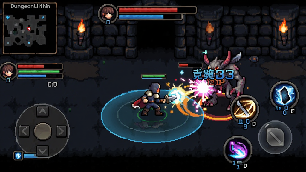 ���壺DungeonWithin��Ϸʵ���������棬��ҽ�ɫ��������ι���ս������Ļ�Ҳ���ʾ����ҡ�˺ͼ��ܰ�ť�����Ϊ��ɫ״̬�͵�ͼ�����֣����滭�棬��ɫ���У��������Ҳ࣬UI�ؼ��ֲ�����Ļ��Ե�����ܰ�ťΪ��͸��Բ�Ρ��Ű棺���ܰ�ť�·��м������ƺ���ȴʱ�䣬��ɫѪ������λ�ڶ�������ͼС���������Ͻǡ���񣺰���������ط��UI�������Ϸ��һ�£�ս����Ч������ϸ�ڣ����ܰ�ť��ͼ��Ϳ�ݼ����֣������������˺�����Ʈ�֣������м��ܷ�Χ��ʾȦ�����ʣ����壬�������ɾ��޶���Ԫ�ء�