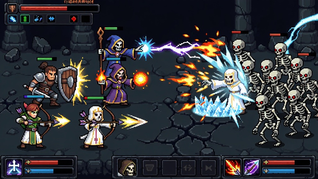 ���壺DungeonWithinս���������ҷ����˶�����һȺ���ù�����ţ�սʿ��ǰ�ſ��ˣ���ʦ�ں�ʩ����������Ч���������֣�ս������Ϊ��棬�ҷ���ɫλ����࣬����λ���Ҳ࣬˫���м�Ϊս���������ͷ�ʱ������Ч���Ű棺UI������ʾ�ж�˳���������ܿ�ݼ�����ɫ״̬�����ײ���ָ��˵�����񣺰���������ط�񣬵�������Ч���ø߹�����Ч�������桢��˪���׵��Ԫ��Ч����Ŀ��ϸ�ڣ�սʿ�ٶܸ񵲣���ʦ�������ۻ���������ʸ�����У���ʦ�ͷ�ʥ�⣬���������ۿ�����˸�ź�⣬���������ƺ���ʯ�����ʣ����壬��Ч���������٣�ɫ�ʶԱ�ǿ�ң�����ɾ��޶���Ԫ�ء�
