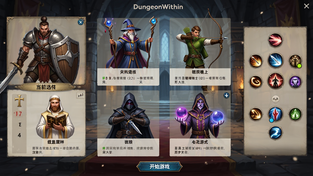 ���壺DungeonWithin��ɫѡ����棬������ְͬҵ�Ľ�ɫ�������г����ţ�ÿ����ɫ�·���ʾ���ƺͼ�顣���֣����汳��Ϊ���ϳǱ���������ɫ����������У����Ϊ��ǰѡ�н�ɫ�Ĵ�ͼ��������壬�Ҳ�Ϊ��ɫ����Ԥ�����Ű棺�����棬��ɫ�����Сͳһ������ͼ����Բ�����У��ײ��С���ʼ��Ϸ����ť����񣺰�������ֻ�������ɫ��Ũ������ɫ����ϸ�ڷḻ�������ͷ��ȵ�װ���ʸ�������ϸ�ڣ�ÿ����ɫ��̬���죬սʿ�ֶܡ���ʦ�շ��ȡ�������������ʦ��ʥ�䡢�̿Ͳ�ذ�ס���ʿ��ˮ���򣬱�����Ʈ���ĳ������ӡ����ʣ��������棬��Ӱ��ͣ�����ɾ����޶���Ԫ�ء�