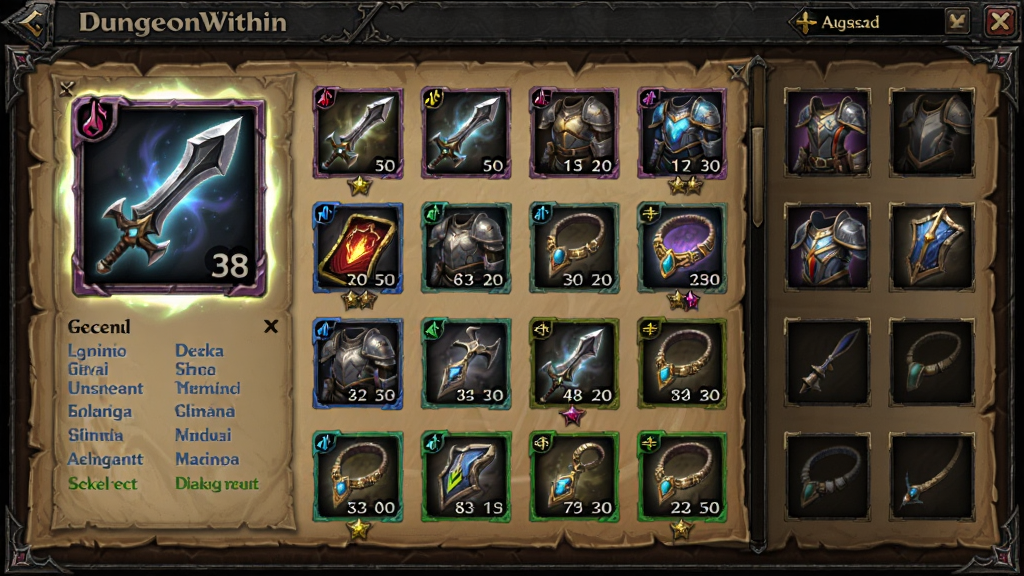 ���壺DungeonWithinװ���������棬չʾ�����ͬƷ�ʵ�װ�����������������ߡ���Ʒ��ÿ��װ������������ֵ��ͼ�ꡣ���֣�����Ϊ����״������װ��ͼ���������룬���ѡ��װ����ʾ��ͼ����ϸ���ԣ��Ҳ�Ϊ��ɫװ�������Ű棺�����棬װ��ͼ��ͳһ�ߴ磬ϡ�ж�����ɫ�߿����֣�����������������񣺰������UI���Ƥֽ�����������ʸб߿�װ��ͼ����ƾ�ϸ��ϸ�ڣ���˵װ�����з�����Ч�����Դ�������ɫ������ʾ����װЧ������ɫ������ʾ������������ʾ�ڶ��������ʣ�����UI��ͼ��ϸ�ڷḻ����������ϸ�壬�ɾ��޶���Ԫ�ء�