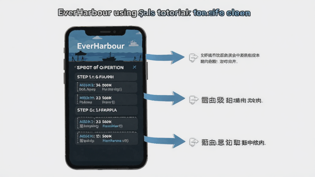 一幅EverHarbour使用教程的说明图,主体为手机屏幕展示操作步骤列表,旁边有箭头指示,布局清晰,风格简洁,背景为浅灰色,包含