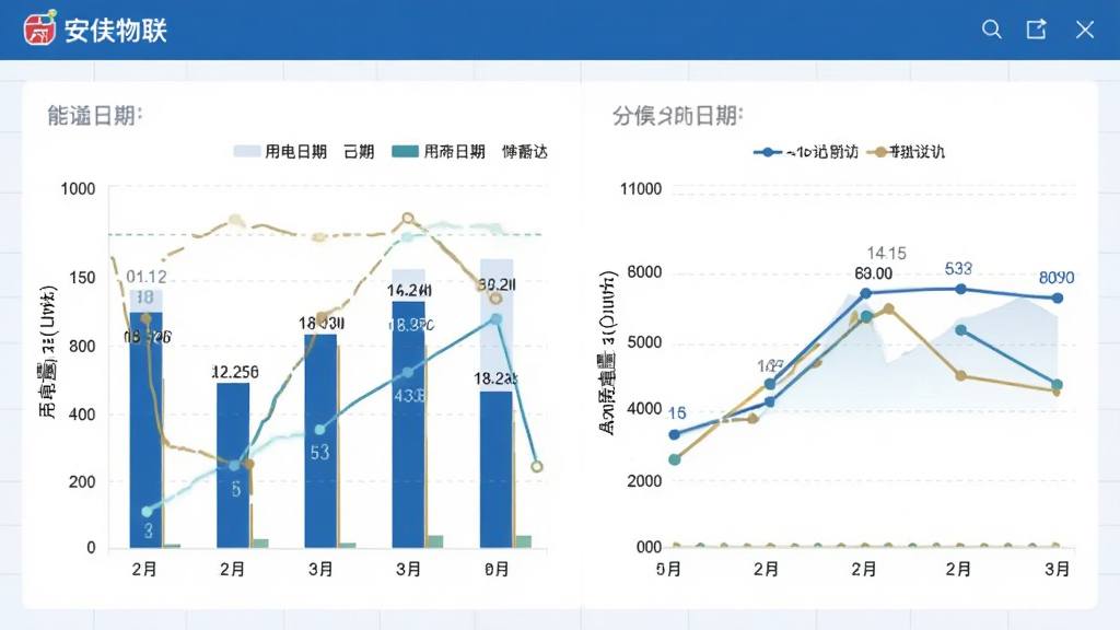 画面主体为安佳物联应用中的能耗统计页面,展示柱状图和折线图,横轴为日期,纵轴为用电量,背景为浅色数据网格,布局为图表主导,排版专业,风格数据可视化,细节有图例和数值标注,画质干净无多余元素