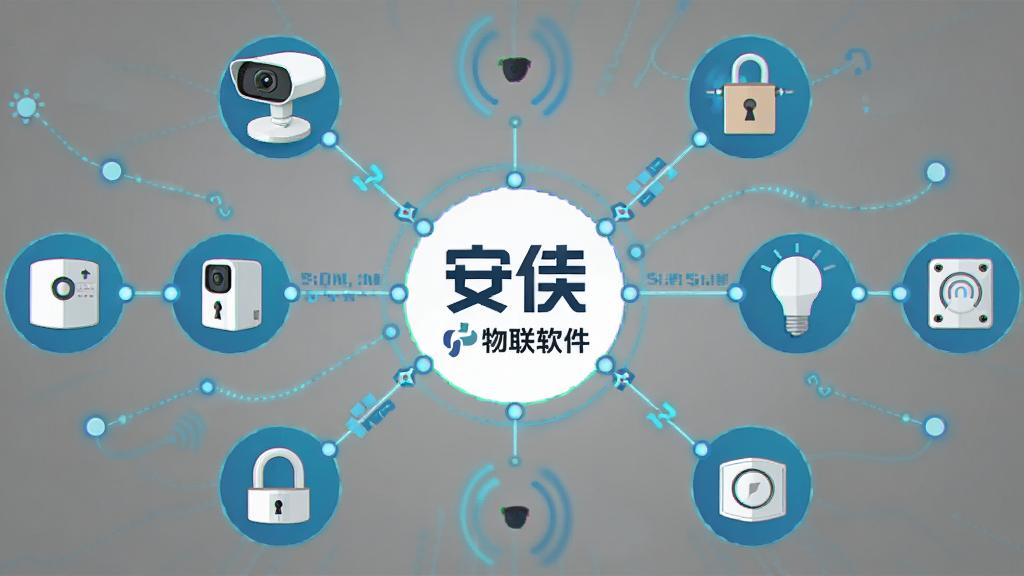 画面主体为安佳物联软件logo位于中央,周围环绕着各种智能设备图标,包括摄像头、智能灯泡、门锁、传感器等,它们通过发光的线条连接到logo,布局呈放射状,排版均衡,风格扁平化图标设计,细节突出连接线与节点,画质干净清晰,无多余元素