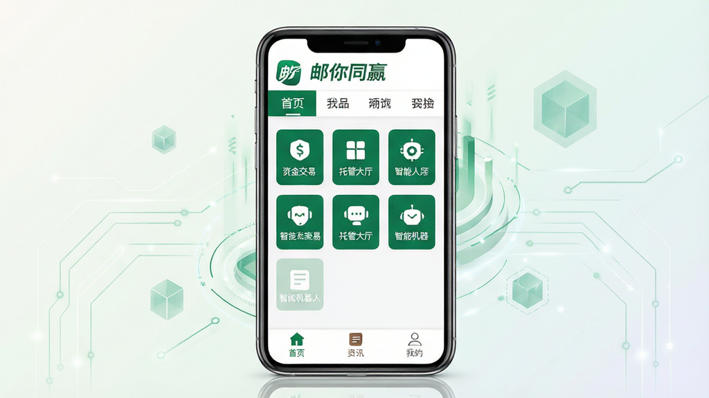 一张展示邮你同赢软件界面全貌的预览图,画面中央是手机屏幕,屏幕内显示邮你同赢的主界面,顶部有邮你同赢的LOGO和导航栏,中间是功能图标矩阵,包括资金交易、托管大厅、智能机器人等,底部有首页、资讯、我的等标签页。背景为浅色渐变,搭配金融科技感的线条与几何图形,整体风格简洁大气,色彩以邮政绿和白色为主,画质清晰干净,无多余元素。