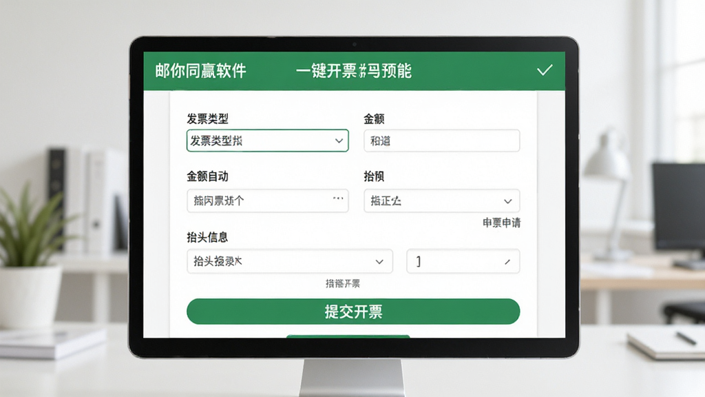 邮你同赢软件的一键开票功能界面预览图,屏幕内显示发票申请页面,有发票类型选择、金额自动填充、抬头信息录入等字段,底部有提交开票按钮。背景为白色,搭配绿色主题色,整体风格简洁明了,画质干净,无多余元素。