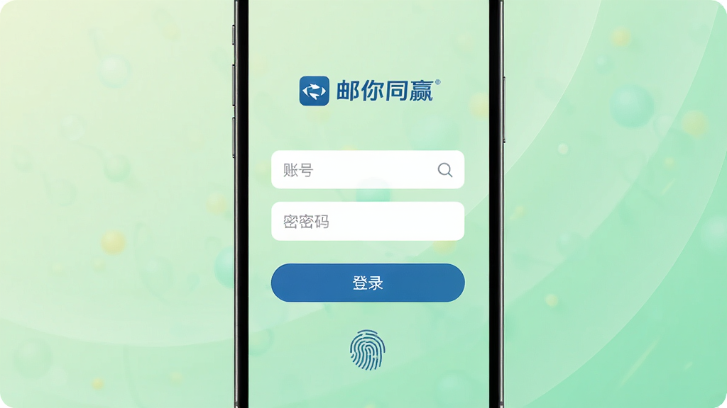 手机屏幕上显示邮你同赢APP的登录页面,页面中央有邮你同赢的LOGO和账号密码输入框,下方有登录按钮和指纹登录图标,背景为浅绿色渐变,整体风格简洁大气,画质清晰,无多余元素。