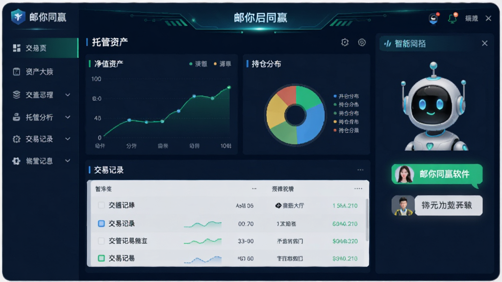 邮你同赢软件的托管大厅功能预览图,屏幕内显示托管资产总览仪表盘,包含净值曲线、持仓分布饼图、交易记录列表,左侧有功能菜单,右侧有智能机器人对话窗口。整体界面科技感强,色调以深蓝和绿色为主,画质清晰,无多余元素。