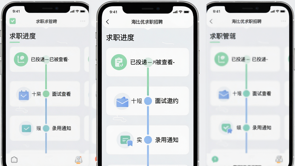画面展示“海比优求职招聘”APP的“求职进度”管理界面,屏幕上以时间轴形式清晰展示“已投递-已被查看-面试邀约-录用通知”等节点。界面采用简洁的扁平化设计风格,配以柔和的绿色与蓝色进度指示图标。布局为竖向信息流,背景为淡灰色,画质干净,无多余元素。