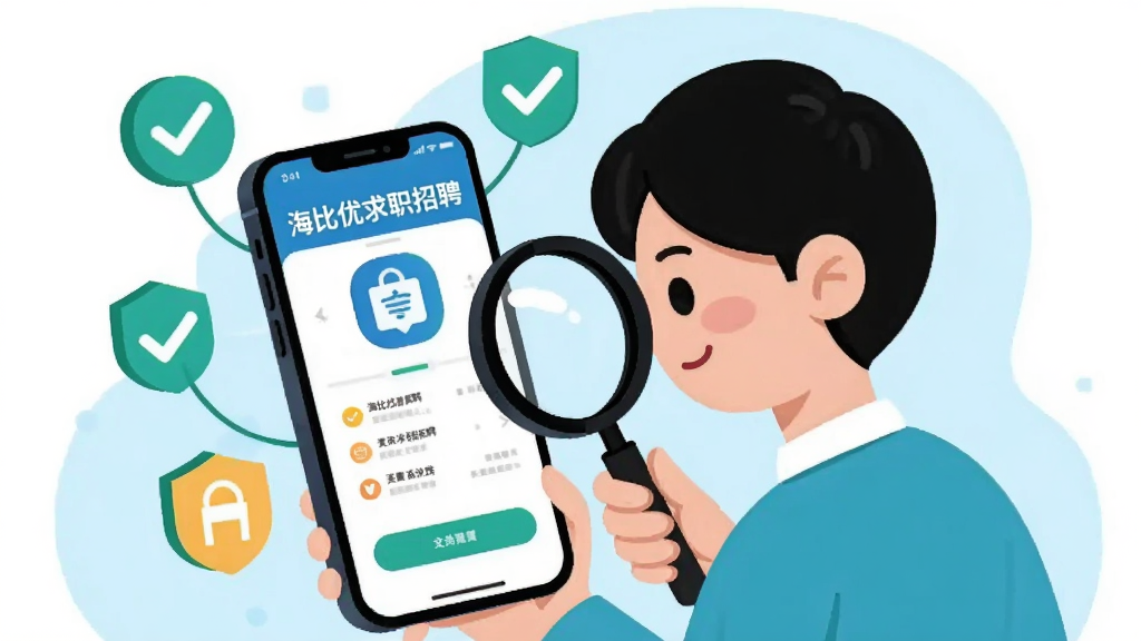 插画风格图片,画面中一个卡通人物手持放大镜,正在仔细查看手机上的“海比优求职招聘”APP界面,手机周围环绕着对勾、盾牌等安全图标。背景为清新的浅蓝色,布局简洁明快,风格扁平化,细节丰富,画质干净。