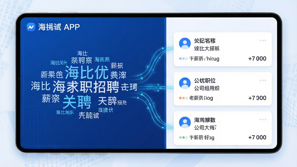 以“海比优求职招聘”APP的职位推荐页面为视觉主体,采用左右分屏布局,左侧为候选人简历关键词云图,右侧为匹配的职位卡片列表。整体色调以蓝白为主,风格简洁现代,突出数据流动的线条感。细节上,职位卡片上清晰标注公司名称与薪资范围,画质干净清晰,无多余装饰元素。