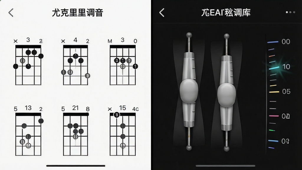 一张功能展示图,主体是“尤克里里调音”应用内置的和弦库和节拍器界面,左侧显示和弦指法图,右侧显示节拍器摆锤和速度刻度,布局为分屏展示,排版井然有序,风格简约清晰,细节包括和弦点位的数字标注和节拍闪烁灯光,画质高清,图片干净无杂质。