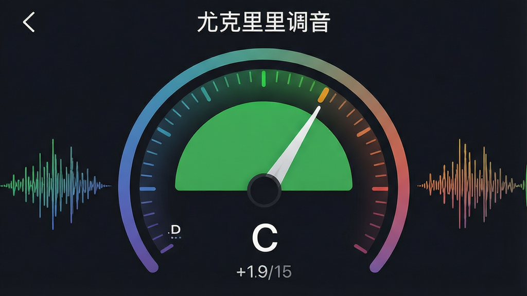 一张应用功能特写图,主体是“尤克里里调音”应用调音界面,中央为圆形刻度盘,指针指向中央绿色区域,下方显示当前音名“C”和音分偏移数值,布局为界面元素居中特写,排版科技感十足,风格扁平化,细节包括弦音波形动画和色彩渐变,画质清晰,画面干净。