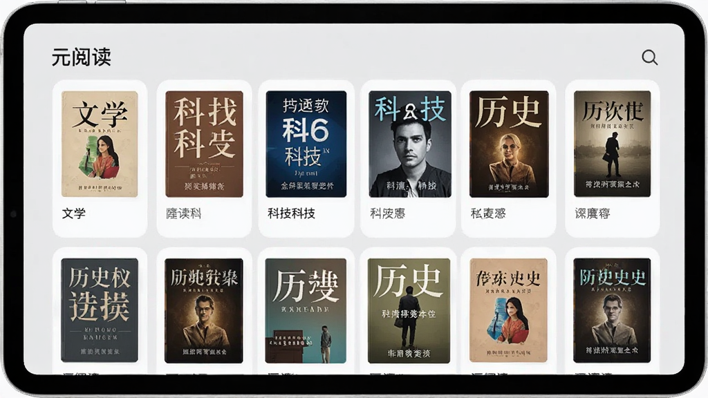 展示“元阅读”应用内部的书架界面,屏幕上整齐排列着多本图书封面,涵盖文学、科技、历史等多种类别,界面设计采用卡片式布局,背景为浅灰色,整体风格简洁明快,色彩丰富但不杂乱,画质清晰干净,无多余元素