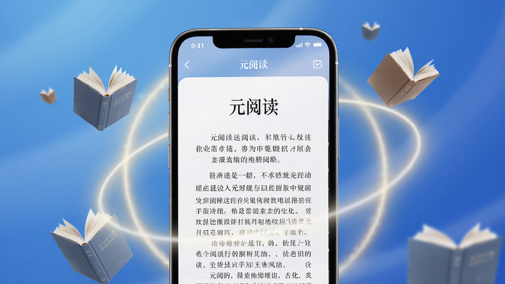 画面中央展示一款名为“元阅读”的智能手机应用界面特写,手机屏幕中显示着精美的电子书排版页面,周围环绕着柔和的光晕与漂浮的书本元素,背景为渐变蓝色调,整体布局简洁大气,凸显阅读的沉浸感与科技感,风格现代且干净,画质高清细腻,无多余杂物