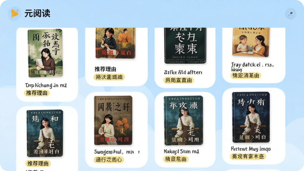 展示“元阅读”应用的个性化推荐页面,屏幕上以瀑布流形式展示多本推荐图书,每本书下方显示推荐理由标签,界面采用圆角卡片设计,背景为淡蓝色渐变,整体风格清新活泼,画质干净明亮,无多余元素