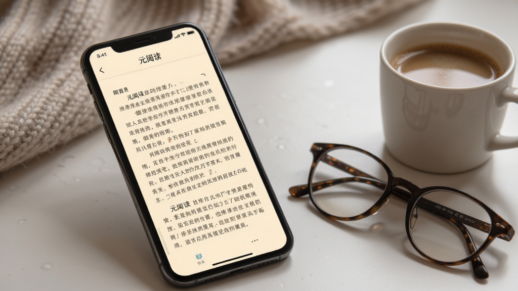 展示“元阅读”应用在手机上的阅读界面,屏幕显示一本打开的电子书,文字清晰,背景为米黄色护眼模式,手机旁边放置一副眼镜和一杯咖啡,整体氛围宁静舒适,画质柔和干净,无多余元素
