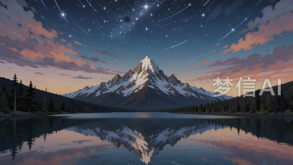 画面主体为一幅由“梦信AI”生成的风景画,画中有一座雪山、湖泊与星空,画风介于写实与印象派之间。布局为横向宽幅构图,画面右侧有半透明的“梦信AI”水印。风格为数字绘画质感,细节包括湖面倒影、星轨与渐变云层。画质高清细腻,无多余元素。