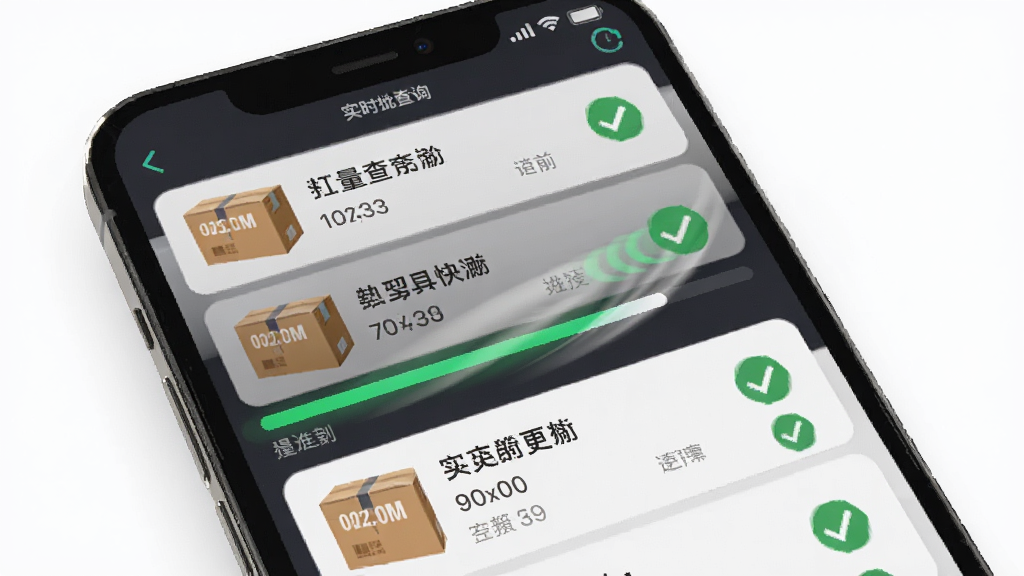 快递单号实时查批量查询功能截图,手机界面显示多个包裹列表,进度条滚动,绿色对勾标记已更新,动效流畅,现代感UI,高清画质,干净无多余元素