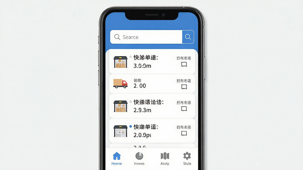 快递单号实时查软件主界面预览图,手机屏幕显示物流列表,顶部搜索框,底部导航栏,蓝色主题,扁平化设计,高清画质,干净无多余元素