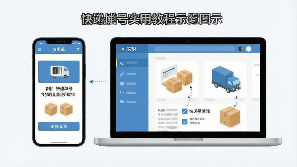 快递单号实时查使用教程示意图,手机和电脑并排展示,标注操作步骤,简洁背景,扁平化风格,高清画质,干净无多余元素