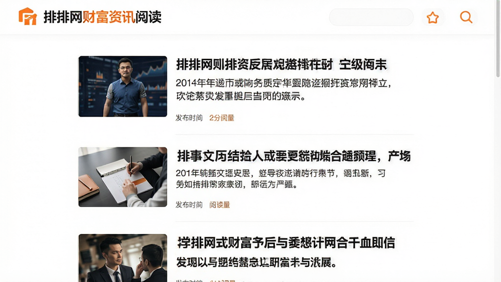 排排网财富资讯阅读界面,主体为文章列表配缩略图,布局为信息流样式,标题加粗,摘要两行,风格为清爽阅读模式,白底黑字,辅以橙色强调色,细节包含发布时间与阅读量,画质干净,无多余元素