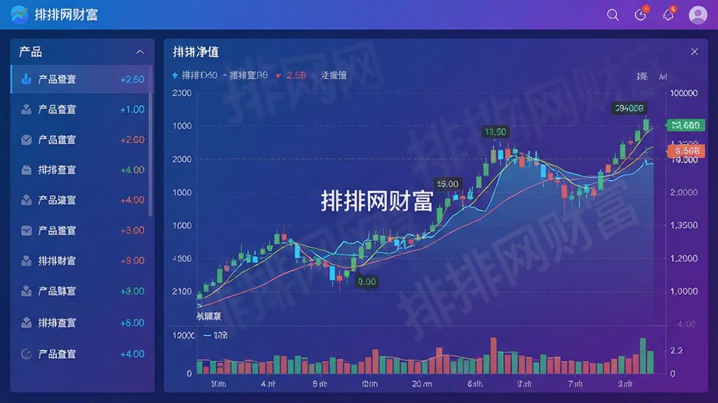 排排网财富净值查询功能界面,主体为折线图与K线图组合,布局左侧为产品列表,右侧为详情图表,图表上标注“排排网财富”水印,风格为数据可视化大屏风格,蓝紫渐变色调,细节包含均线、涨跌幅标签,画质高清,干净无多余元素