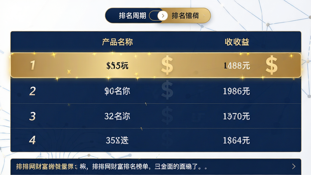排排网财富排名榜单页面,主体为排行榜表格,布局顶部为排名周期切换按钮,中部为产品名称与收益数据,底部为榜单说明,风格为简洁商务风,金色与深蓝配色,细节突出前三名高亮,画质清晰,干净无多余元素