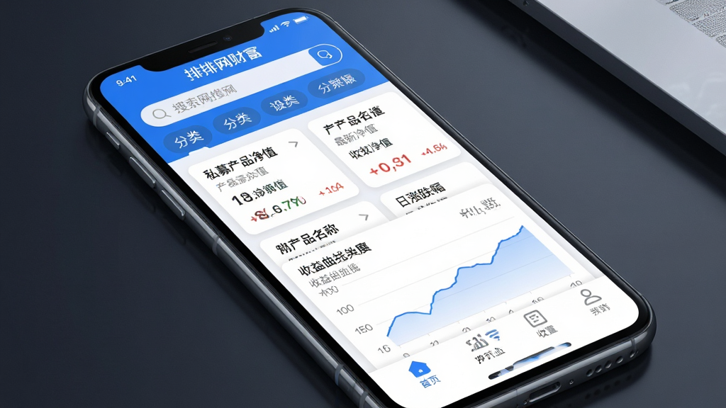 排排网财富APP主界面,展示私募产品净值列表和收益曲线图,主体为智能手机屏幕,布局上方是搜索栏和分类标签,中部是卡片式产品信息,包含产品名称、最新净值、日涨跌幅,下方是底部导航栏,风格为现代简约商务风,蓝白主色调,细节高光质感,画质清晰干净,无多余元素,屏幕显示“排排网财富”字样