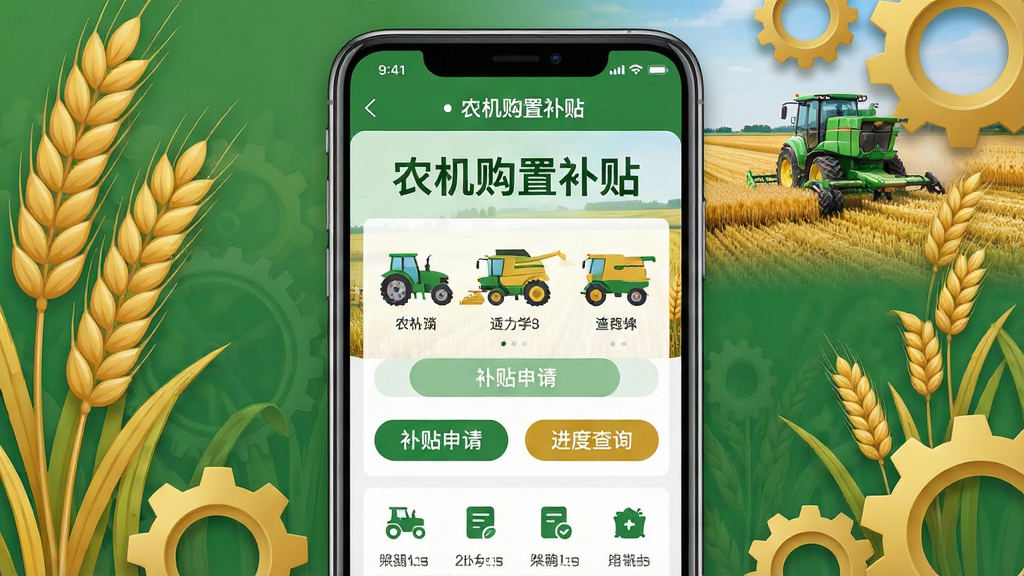 主体:智能手机屏幕展示农机购置补贴APP界面,界面中央有拖拉机、收割机等农机图标和“补贴申请”“进度查询”按钮;布局:手机位于画面中央,四周环绕麦穗、齿轮等农业元素;排版:界面简洁,功能图标整齐排列;风格:写实与扁平化结合,色调以绿色和金色为主;细节:屏幕内文字清晰显示“农机购置补贴”,背景有田野和农机作业场景;画质:高清,干净,无多余元素