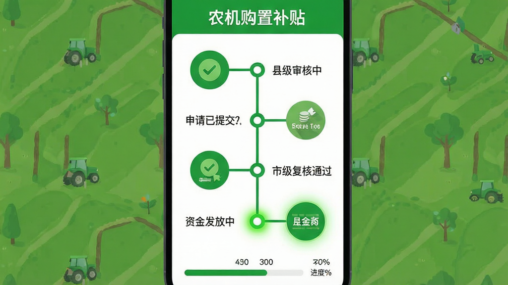 主体:农机购置补贴APP的进度跟踪界面,显示“申请已提交”“县级审核中”“市级复核通过”“资金发放中”四个步骤;布局:竖版时间轴样式,当前步骤高亮显示;排版:步骤节点用圆形图标,连接线为绿色;风格:扁平化,清新绿意;细节:顶部有“农机购置补贴”标题,底部有进度百分比;画质:高清,干净,无多余元素