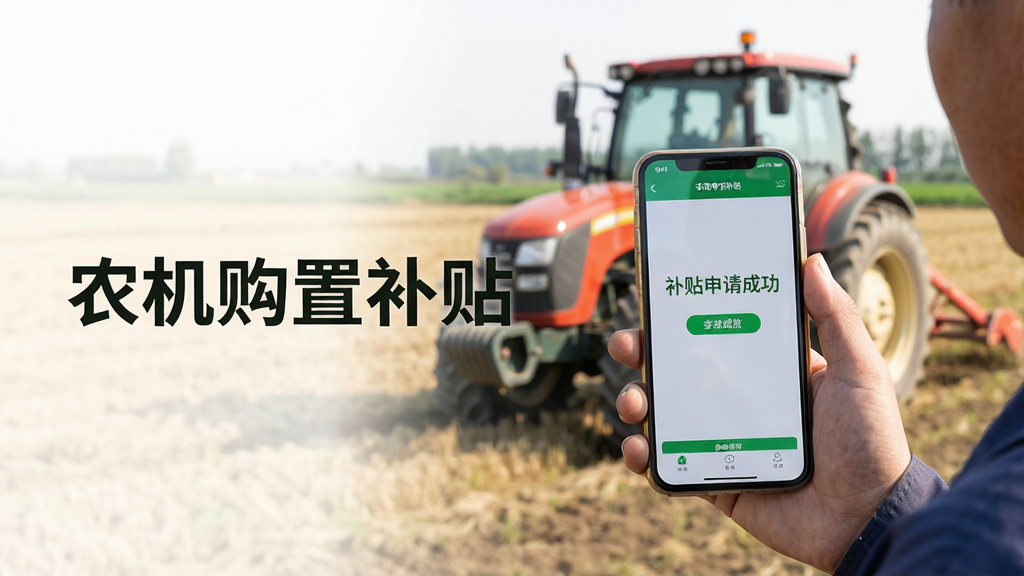 主体:用户手持手机展示农机购置补贴APP,背景是农田和拖拉机;布局:人物位于画面右侧,左侧留白放置文字“农机购置补贴”;排版:主体突出,背景虚化;风格:纪实摄影风格,自然光线;细节:手机屏幕显示“补贴申请成功”字样;画质:高清,干净,无多余元素