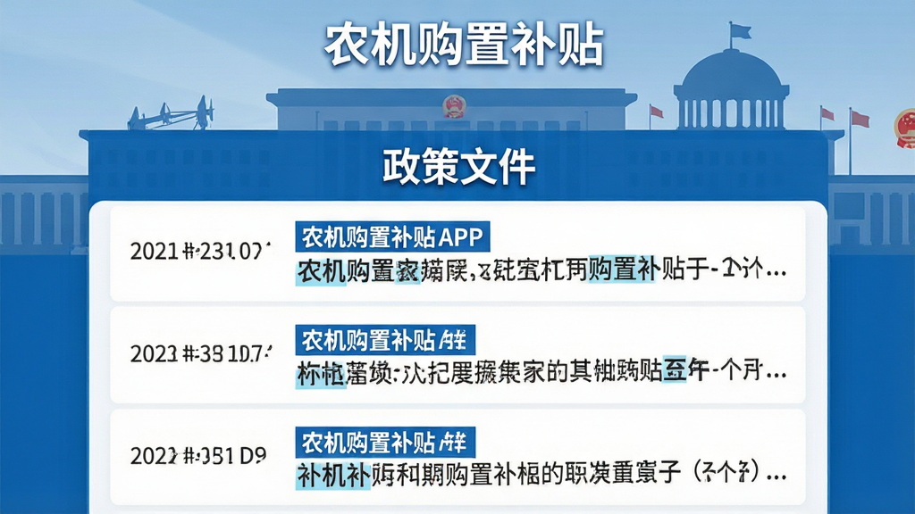 主体:农机购置补贴APP的政策解读页面,上方有“政策文件”标题,下方列出多条补贴政策条目;布局:页面采用列表式设计,每条政策带日期和摘要;排版:文字清晰,重点信息用高亮色标注;风格:简洁公文风,蓝白配色;细节:页面顶部显示“农机购置补贴”字样,背景有政府大楼剪影;画质:高清,干净,无多余元素