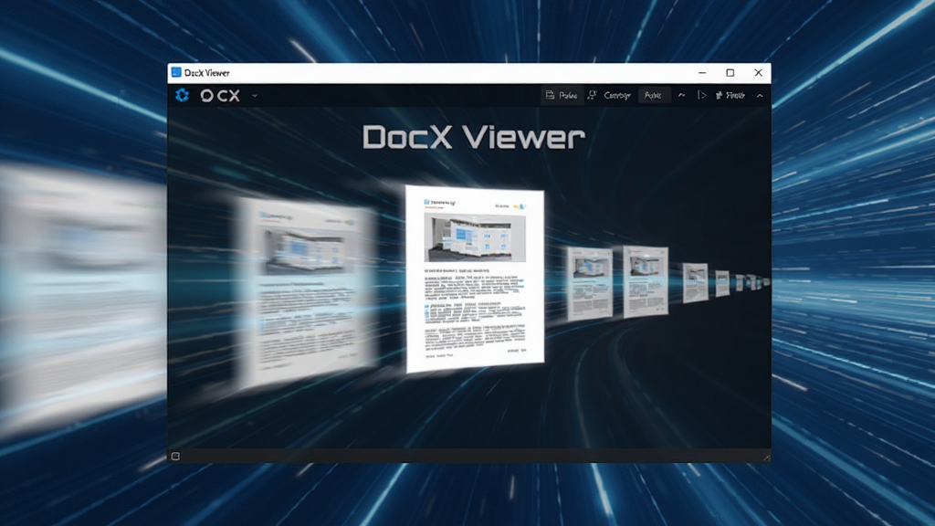 展示DocX Viewer软件中一个大型文档的加载过程,采用动态模糊效果,背景为速度线条,文档缩略图快速排列,软件界面清晰显示