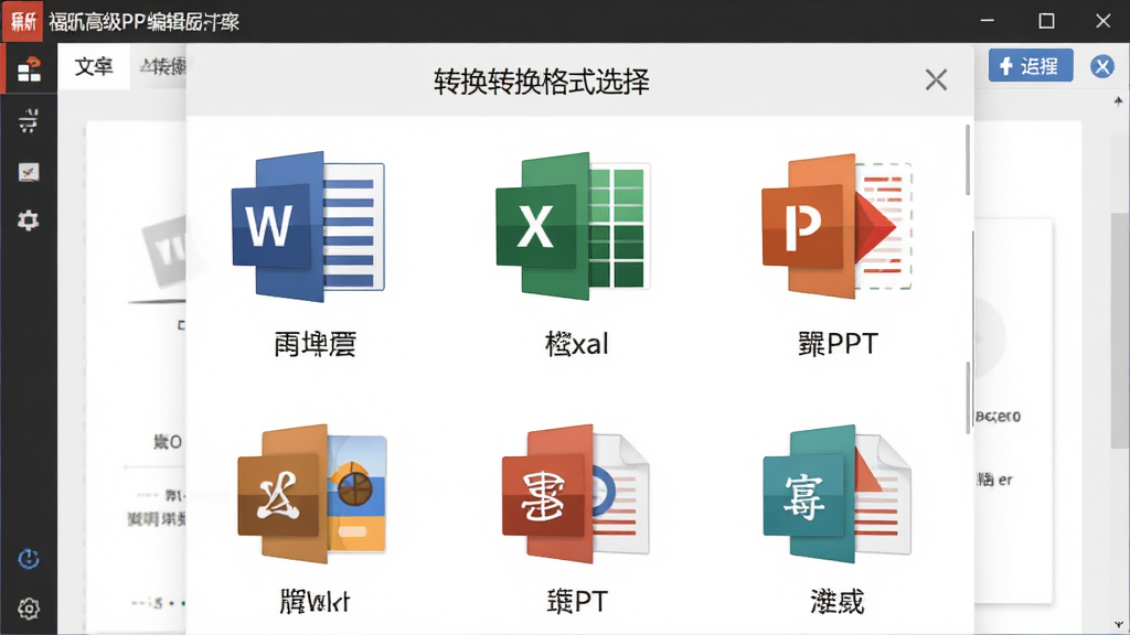 主体:福昕高级PDF编辑器文档转换功能的界面,展示转换格式选择菜单。布局:中央为转换选项列表,包括Word、Excel、PPT等图标。排版:图标大而清晰,便于点击。风格:扁平化设计,色彩明快。细节:每个图标下方有对应格式名称,背景为软件主界面。画质:高清,干净,无多余元素。