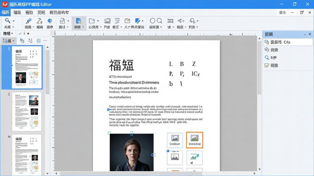 主体:福昕高级PDF编辑器的主界面截图,展示软件工具栏、文档编辑区域和侧边栏。布局:清晰的软件界面,上方为菜单栏和快捷操作按钮,中间为打开的PDF文档,左侧为页面缩略图。排版:界面整洁,功能图标排列有序。风格:现代科技感,色彩以蓝色和白色为主,界面明亮。细节:显示编辑文字、图像、添加注释等功能按钮。画质:高清,干净,无多余元素。