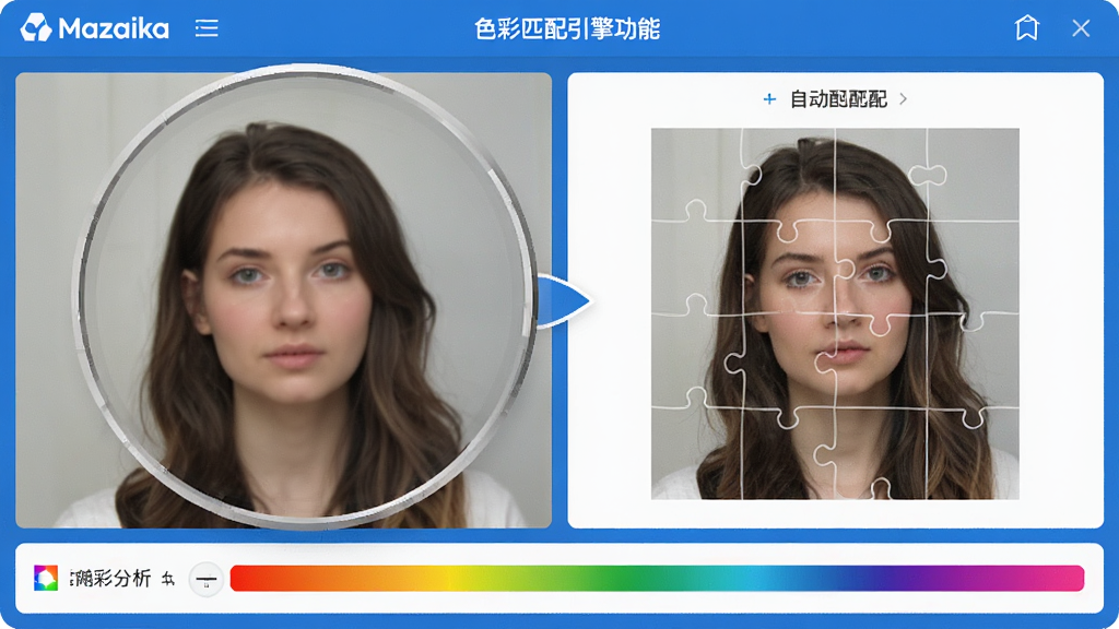 主体:Mazaika软件的“色彩匹配引擎”功能界面放大图。布局:界面左侧是原始目标图,右侧是自动匹配后的拼图预览,下方是色彩分析数据条。排版:左右对比布局,清晰展示匹配过程。风格:简洁直观的UI设计,蓝白配色。细节:界面中显示“Mazaika”Logo,色彩分析条呈现彩虹渐变色。画质:高清晰度,干净,无多余元素。