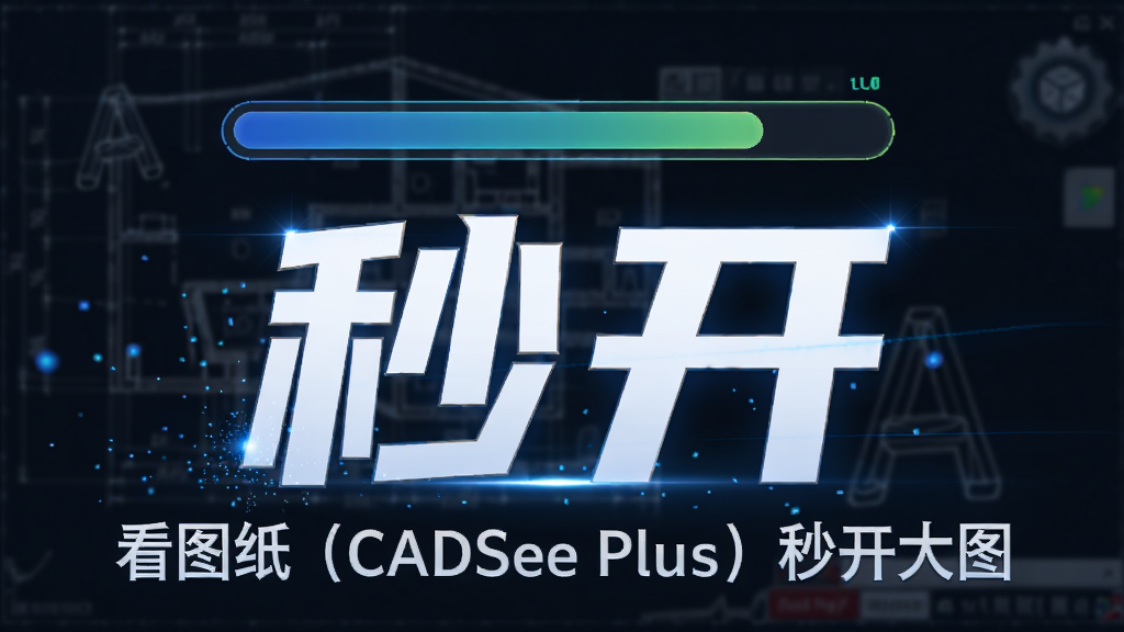 主体为进度条快速加载完成,背景是模糊的CAD图纸,前景显示“秒开”字样,布局居中,排版有冲击力,风格科技感,细节有光效粒子,画质清晰,干净,无多余元素,文字标注“看图纸(CADSee Plus)秒开大图”