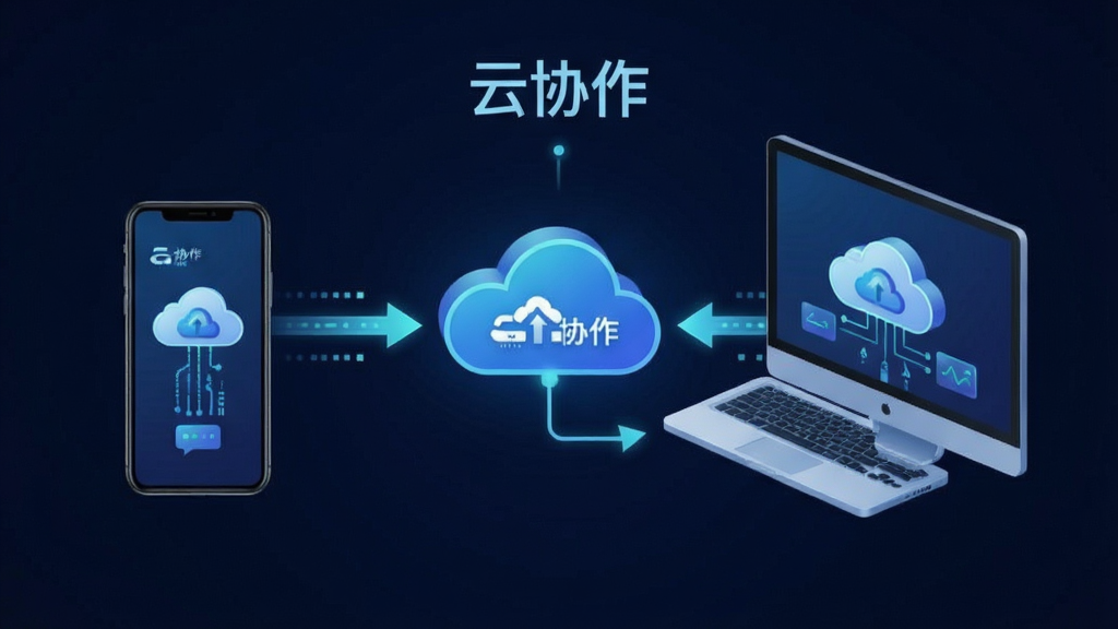 主体为云同步示意图,手机与电脑连接云服务器,布局左右对称,排版有连线箭头,风格科技感,细节有云朵图标和数据流,画质干净,无多余元素,文字标注“云协作”