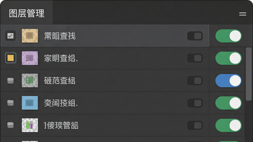 主体为图层管理面板,列出多个图层名称,右侧为开关按钮,布局为上下结构,排版简洁,风格扁平,细节有颜色小方框,画质干净,无多余元素,文字标注“图层管理”
