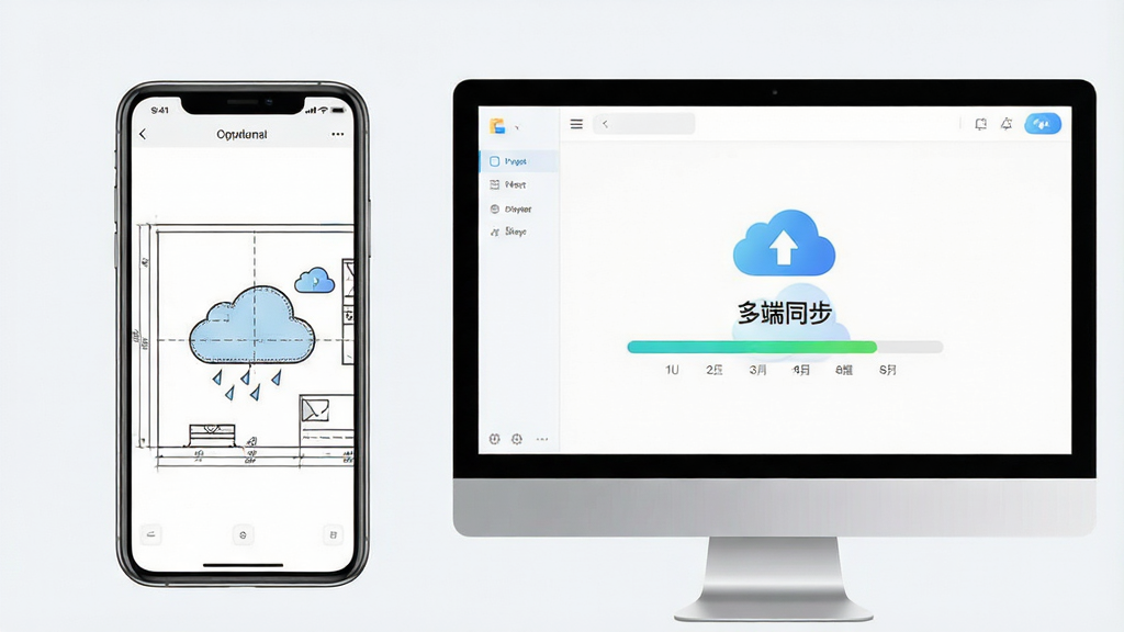 主体为手机与电脑同步图纸的界面,手机屏幕显示图纸,电脑屏幕显示同步进度,布局左右分屏,排版清晰,风格写实,细节有云朵图标和进度条,画质干净,无多余元素,文字标注“多端同步”