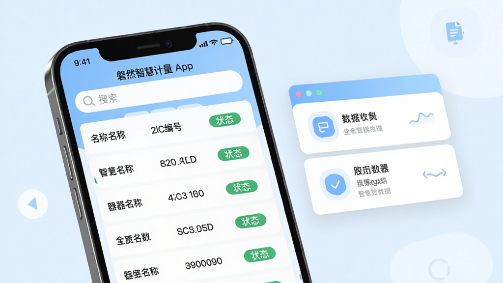 手机屏幕展示磐然智慧计量app的台账管理界面,界面以列表形式呈现多种计量器具,每项包含名称、编号和状态标签,顶部有搜索栏。画面以浅蓝色为主色调,排版清晰,左侧为手机设备,右侧悬浮显示数据卡片。风格为现代扁平化UI设计,细节包含图标和字体,画质干净明亮,无多余元素。