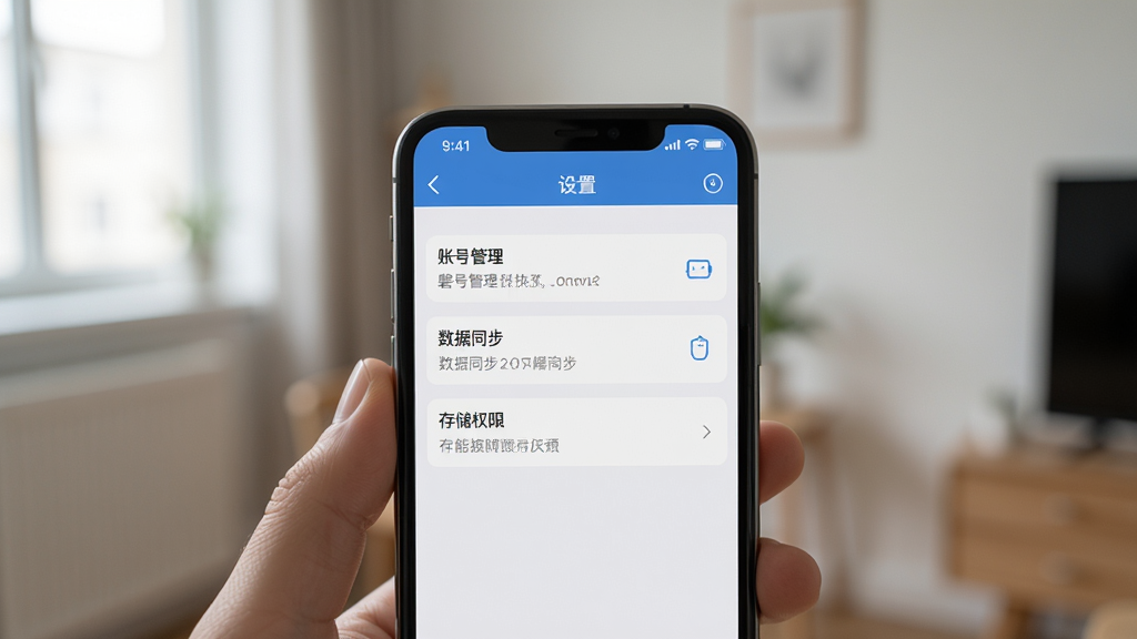 手机屏幕特写显示磐然智慧计量app的“设置”界面,包含账号管理、数据同步、存储权限等选项,背景为简朴的室内环境。构图以手机为中心,光线柔和,风格写实,细节清晰,画质干净,无多余元素。