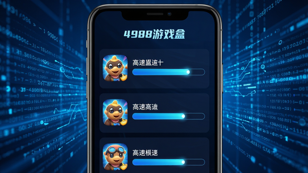 展示“4988游戏盒”下载界面,手机屏幕上有多个游戏安装包正在快速下载,进度条显示高速状态,背景为动态数据流,科技感蓝色调,布局清晰,画面动感,细节丰富,画质高清,干净无多余元素