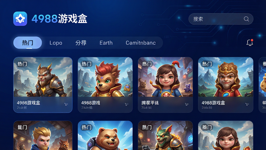 高清游戏聚合平台界面,展示“4988游戏盒”品牌Logo,主界面有热门游戏推荐、分类导航、搜索栏,背景为深蓝色科技感渐变,卡片式布局,圆角设计,画面干净明亮,细节丰富,整体风格现代简约,画质高清,无多余元素