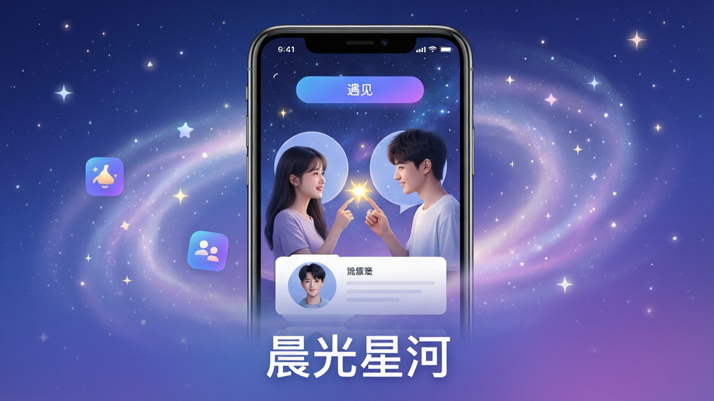 主体:晨光星河App的官方宣传主视觉图,展示手机屏幕内的星河主题界面,界面中有两个年轻用户头像在互相点亮。布局:手机居中,四周环绕柔光星云,界面元素清晰可见,下方有“晨光星河”字样。排版:简洁大气,突出App名称和核心社交功能图标。风格:唯美浪漫,星空蓝紫渐变色调,光影柔和。细节:屏幕内显示“遇见”按钮和用户卡片,画质高清,干净无多余元素。